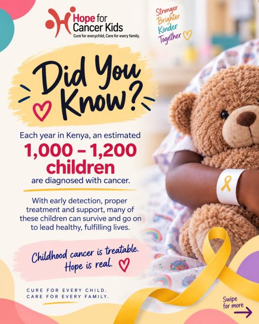During this month, Childhood Cancer Awareness Month, we’re encouraging more families, communities and caregivers to learn about childhood cancer and understand the importance of paying attention when something doesn’t seem right.

Knowing what to look out for can help a family seek the right care sooner. And sometimes, simply sharing the right information with someone else can make a difference.

Join us in raising awareness this September and every other month. Share this post, start a conversation and help us spread hope, one family at a time. 💛

If you’d like to support our work:
📱 Paybill: 511100
📝 Account: Hope

#HopeForCancerKids #ChildhoodCancerAwareness #ChildhoodCancer #EarlyRecognition #Hope
