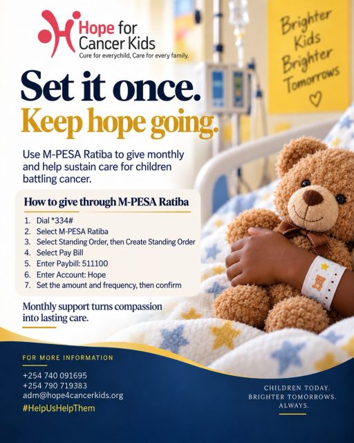 Hope grows when we keep showing up. 💛

Childhood cancer journeys can be long, and families need support along the way.

With M-PESA Ratiba, you can choose to give a small amount every month, from KES 100, helping us provide continued support to children and their families when they need it most.💛🎗️

Cure for every child. Care for every family.

#HopeForCancerKids #ChildhoodCancerAwareness #ChildhoodCancer #MPESARatiba #GiveMonthly