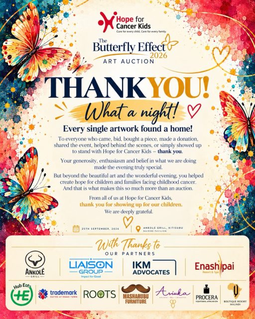 Every artwork found a home, and we’re so grateful to everyone who came together to make The Butterfly Effect 2026 such a special evening.🦋💛

To our partners, artists, guests, supporters and everyone who played a part, THANK YOU. Your generosity helps turn creativity into care for children and families affected by childhood cancer.

And of course, a special shoutout to our MC, @mainachegemc , for keeping everyone on their toes and the energy just right throughout the evening. 🎤🦋💛

Until the next one.💛🎗️

@ankolegrill 
@liaisongroupltd 
@ikmadvocates 
@enashipairesort 
@hubeats_karen 
@trademarkhotel 
@rootsnairobi 
@aruka.holistic 
@proceragin 
@qboutiqueresortmalindi 
@masharubufurniture 

Cure for every child. Care for every family.

#HopeForCancerKids #TheButterflyEffect2026 #Art4Life #ChildhoodCancer #TogetherWeCreateHope