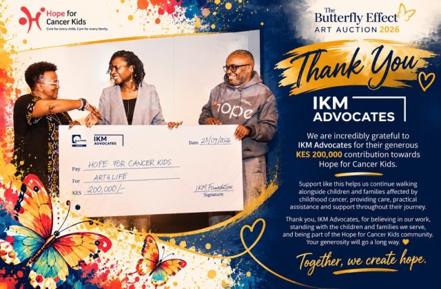 We are incredibly grateful to @ikmadvocates for their generous KES 200,000 contribution towards Hope for Cancer Kids.

Support like this helps us continue walking alongside children and families affected by childhood cancer, providing care, practical assistance and support throughout their journey.

Thank you, IKM Advocates, for believing in our work, standing with the children and families we serve, and being part of the Hope for Cancer Kids community. Your generosity will go a long way. 💛🦋

Together, we create hope.

#TheButterflyEffect2026 #Art4Life #HopeForCancerKids #ChildhoodCancer #ChildhoodCancerAwareness