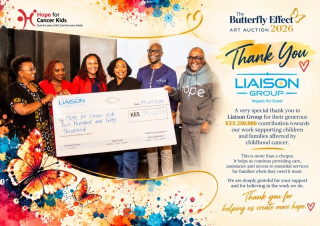 A very special thank you to @liaisongroupltd 💛

At The Butterfly Effect 2026, Liaison Group presented Hope for Cancer Kids with a generous KES 250,000 contribution towards our work supporting children and families affected by childhood cancer.

This is more than a cheque. It helps us continue providing care, assistance and access to essential services for families when they need it most.

We are deeply grateful to Liaison Group for standing with us and believing in the work we do. Your contribution truly makes a difference. 💛

Thank you for helping us create more hope. 🦋

#TheButterflyEffect2026 #Art4Life #HopeForCancerKids #ChildhoodCancer #ChildhoodCancerAwareness
