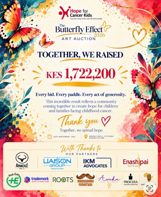 Thank you! 
Together, we raised KES 1,722,200! 🦋💛

The Butterfly Effect 2026 was a beautiful reminder of what we can achieve when we come together for a shared cause.

To our partners, guests, supporters, volunteers and everyone who played a part, thank you for showing up for Hope for Cancer Kids and helping us continue providing care and support to children and families affected by childhood cancer.

A special thank you to our partners for standing with us and helping make the evening possible. 💛

@ankolegrill
@liaisongroup
@ikmadvocates
@enashipairesort
@hubeats_karen
@trademarkhotel 
@rootsnairobi
@masharubufurniture
@aruka.holistic
@proceragin
@qboutiqueresortmalindi

The auction may be over, but the work continues. Every contribution helps us spread hope, and there are still many ways to be part of the journey. 💛

Cure for every child. Care for every family. 🦋

#TheButterflyEffect2026 #Art4Life #HopeForCancerKids #ChildhoodCancer #ChildhoodCancerAwareness